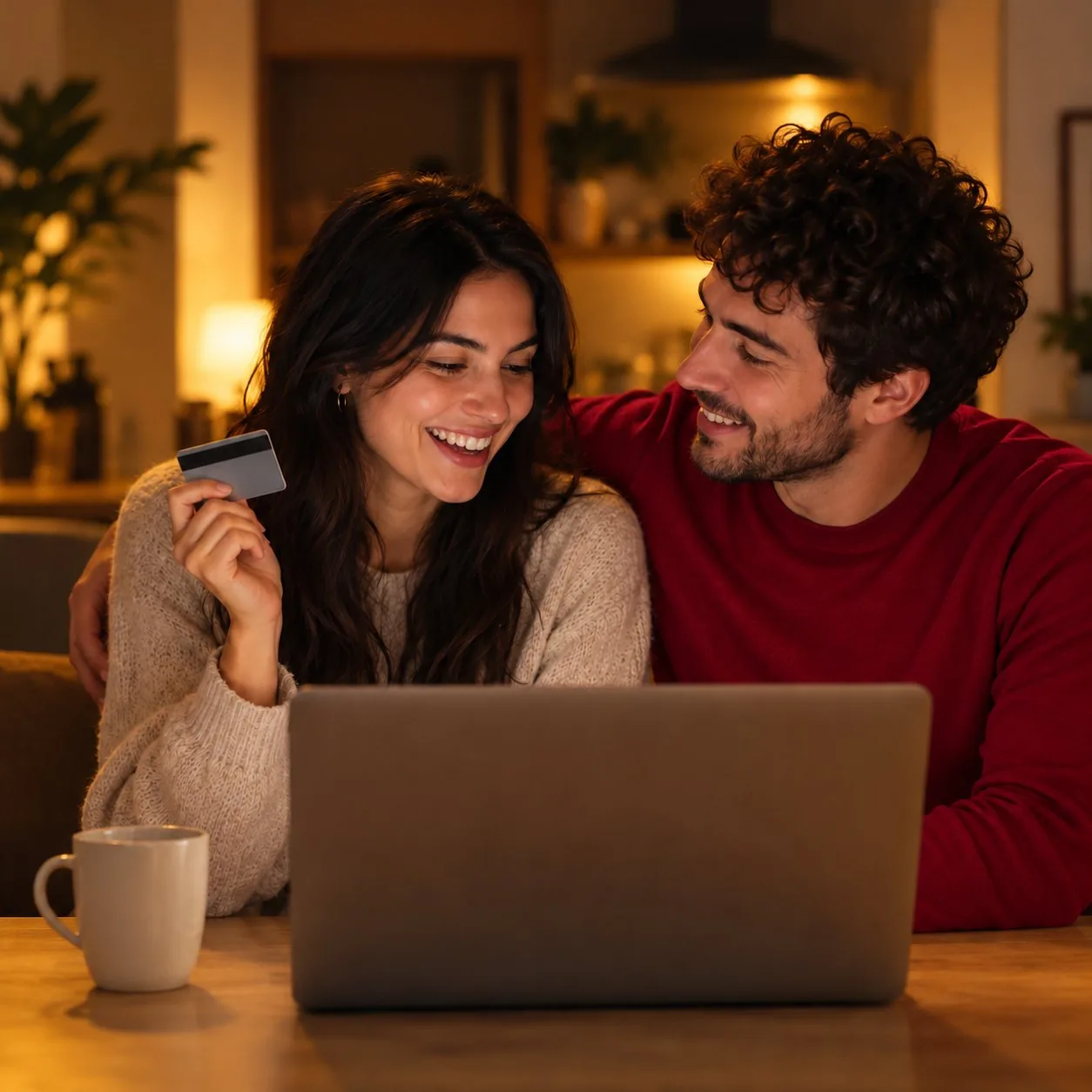 A smiling couple at home in the evening, planning together on a laptop